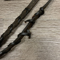 Thick Braided Reins, 1 brass snap *fair, clean, stiff, broken laces, repairs, hairy