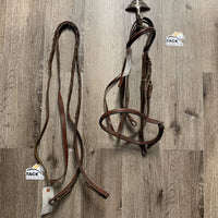 Rsd Narrow Bridle, Braided Reins *gc, stiff, dry, creases, scraped edges, snug keepers, rough back, twists
