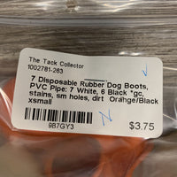 7 Disposable Rubber Dog Boots, PVC Pipe: 7 White, 6 Black *gc, stains, sm holes, dirt
