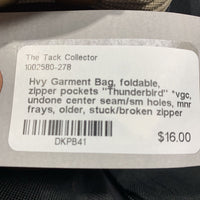 Hvy Garment Bag, foldable, zipper pockets "Thunderbird" *vgc, undone center seam/sm holes, mnr frays, older, stuck/broken zipper
