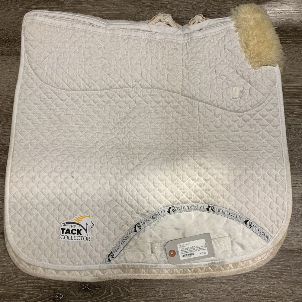 Quilt Tri-Shimmable Dressage Saddle Pad, sheepskin underside *fair, shrunk, pilly, weak velcro, stiff, tears/holes, cut tabs, stained