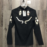 LS Western Showmanship Shirt, Bling, Zipper *gc, glue residue, stains, curled/shrunk leather pieces, hair
