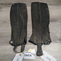 JUNIORS Pr micro Suede Synthetic Half Chaps *fair, dirt, thin/holey spots, undone stitching, rubs, faded, peeling