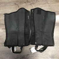 JUNIORS Pr Leather Half Chaps, Back Zips *gc, pilly, dirt, puckered & stretched elastic, older