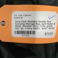 Western Saddle Pad Carrying Storage Bag, light Nylon & Mesh, shoulder strap, inner wood top *gc, v.hairy edges, split? wood, older, dirty