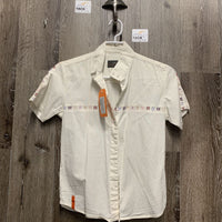 SS Show Shirt, attached button collar *older, gc, folded collar, seam puckers, crinkled, dingy