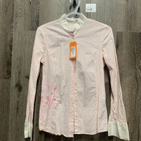 LS Show Shirt, attached snap collar *vgc, older, v.crinkled, seam puckers, mnr stains