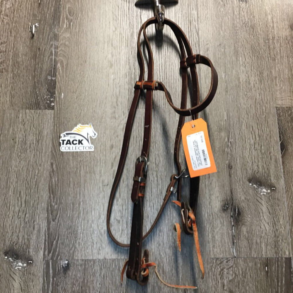 Flat Leather Headstall, 4 laces *vgc, clean, stiff, mnr rust, rubs, chewed end, bent
