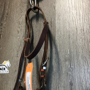Flat Leather Headstall, 4 laces *vgc, clean, stiff, mnr rust, rubs, chewed end, bent