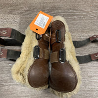 Pr Open Front Boots, velcro, Sheepskin *dirty, clumpy, older, hairy, gc, curled bottom edges
