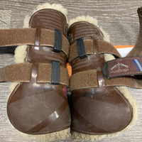 Pr Open Front Boots, velcro, Sheepskin *dirty, clumpy, older, hairy, gc, curled bottom edges
