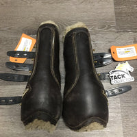 Pr Open Front Boots, tabs, removeable Sheepskin Liners *older, elastic RIP, dirty, scrapes, scuffs, hair