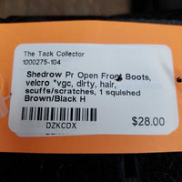 Pr Open Front Boots, velcro *vgc, dirty, hair, scuffs/scratches, 1 squished