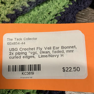Crochet Fly Veil Ear Bonnet, 2x piping *vgc, clean, faded, mnr curled edges