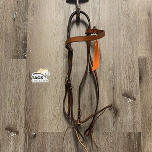 Light Narrow Leather Headstall, laces *xc, stiff, loose browband lace, mnr scraped edges