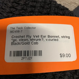 Crochet Fly Veil Ear Bonnet, string *gc, clean, shrunk?, v.curled