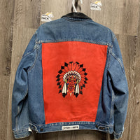 Vintage Denim Jean Jacket, leather back & collar, embroidered *vgc, mnr stains, mnr curled corners, stain?/watermark