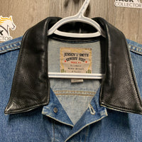 Vintage Denim Jean Jacket, leather back & collar, embroidered *vgc, mnr stains, mnr curled corners, stain?/watermark

