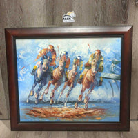 Horse Racing Acrylic Painting, wood frame *vgc, mnr scratches
