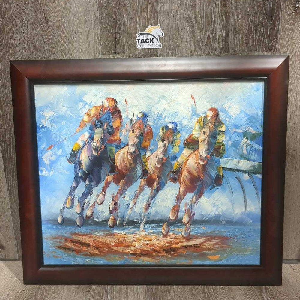 Horse Racing Acrylic Painting, wood frame *vgc, mnr scratches