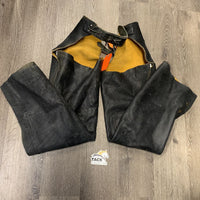 Pr Full Thin Smooth Leather Motorbike? Chaps, snaps, Lace Back *gc, dirt, scuffs, repair, stiff, mnr undone top zipper stitching

