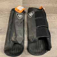 Pr Closed Hind Eventing Boots, velcro *fair, dirt, rubs, scuffs , torn edges, faded, scratches