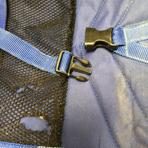 Padded Cordura Saddle Trail Bags, Hvy & Light Mesh Pockets, 2 nylon straps *gc, mnr dirt, stains, mesh holes, broken snap, rust, hair, older, frayed/rubbed edges