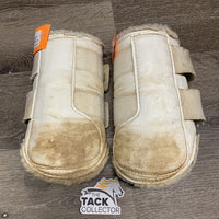 Pr Closed Fleece Lined Front Boots, velcro *fair, gc, stained, hair, clumpy, dirty, discolored, stretched elastic