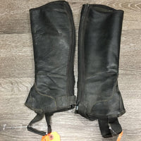 Leather Half Chaps, back zip *gc, dirty, stains, rubs, scuffs, stretched puckered elastic
