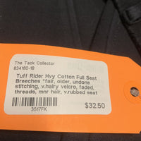 Hvy Cotton Full Seat Breeches *fair, older, undone stitching, v.hairy velcro, faded, threads, mnr hair, v.rubbed seat