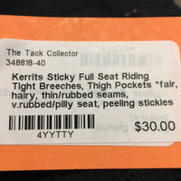 Sticky Full Seat Riding Tight Breeches, Thigh Pockets *fair, hairy, thin/rubbed seams, v.rubbed/pilly seat, peeling stickies
