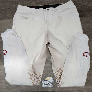 MENS Euroseat Breeches *gc, v.stained, rubs, dingy, dry grips, legs & seat: pulled, rubs, stained/discolored