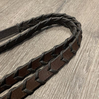 Thick Braided Leather Reins, Stoppers *gc, mnr dirt, stains, stiff, crackled rubbers, mnr loose hooks, undone lace end, loose hook