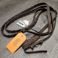 Pr Braided Reins *fair, older, stiff, dry, dirty, broken leather tip, stretched keepers
