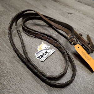 Pr Braided Reins *fair, older, stiff, dry, dirty, broken leather tip, stretched keepers