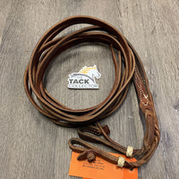 Pr Split Reins, rawhide wrapped, braided & quick knot connector *vgc, chewed, mnr dirt/film
