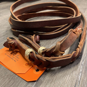 Pr Split Reins, rawhide wrapped, braided & quick knot connector *vgc, chewed, mnr dirt/film
