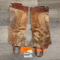Pr Suede Half Chaps, buckle bottom, velcro top & sides *gc, older, discolored, stains, faded, rubs, v.hairy velcro