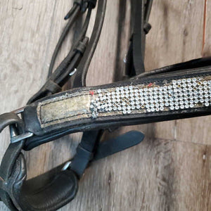 Wide Padded Monocrown Dressage Bridle, Crank, Bling *peeled bling, stretched keepers, dirty, scrapes, fair, stiff, dry, stains