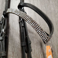 Wide Padded Monocrown Dressage Bridle, Crank, Bling *peeled bling, stretched keepers, dirty, scrapes, fair, stiff, dry, stains
