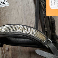Wide Padded Monocrown Dressage Bridle, Crank, Bling *peeled bling, stretched keepers, dirty, scrapes, fair, stiff, dry, stains