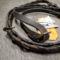 Rsd Leather Braided Reins, buckles, 1 stopper *fair, older, broken lace, soap, scraped edges, crackles/cracks, rubs, dirty
