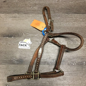 Thick Narrow Leather Halter, Buckstitched, Silver Buckles *older, dry, rubs, scraped edges, trimmed/short crown, cracks, stains, oxidized