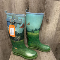 Pr Tall Rubber Boots, landscape scene *gc, stains, mnr dirt, curled lining
