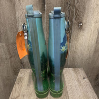 Pr Tall Rubber Boots, landscape scene *gc, stains, mnr dirt, curled lining