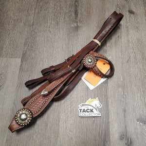 Headstall, rivets, Conchos, Engraved Buckles & ends, Flat Round Reins *vgc, mnr dirt, stains, undone stitching ends, scratches, stains