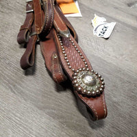 Headstall, rivets, Conchos, Engraved Buckles & ends, Flat Round Reins *vgc, mnr dirt, stains, undone stitching ends, scratches, stains
