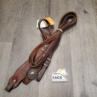 Headstall, rivets, Conchos, Engraved Buckles & ends, Flat Round Reins *vgc, mnr dirt, stains, undone stitching ends, scratches, stains