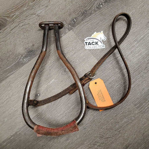 v.Heavy Metal Round Rod Bosal, Thick Leather Hanger *fair, v.rusty, vet wrap nose, scratches, hair
