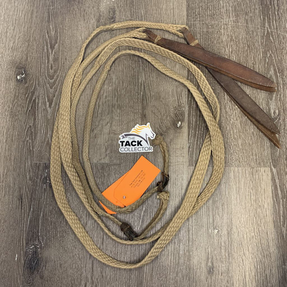 Pr Narrow Hvy Short Braided Cord Split Reins, Button Closures, Leather Flapper Ends *dirty, bent, snags, popped edge, dirty, stains